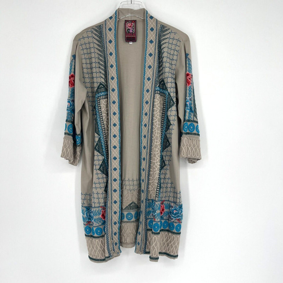 Johnny Was Cardigan Womens M Gray Embroidered Floral Boho Indie Festival Hippie - Picture 1 of 10